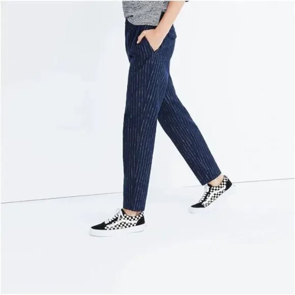 Madewell Pleated Track Trousers Cotton Linen Wool Blend Blue Pinstripe - Picture 3 of 15